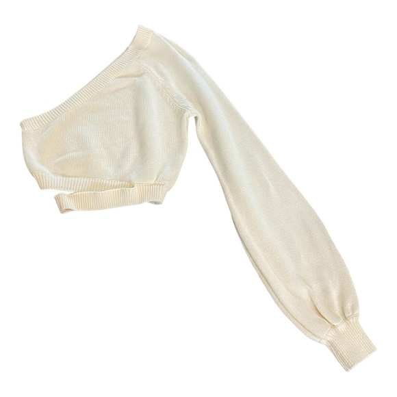 Lovers + Friends One Shoulder Puff Sleeve Cropped Sweater Sz XXS 100% Cotton - Picture 2 of 6